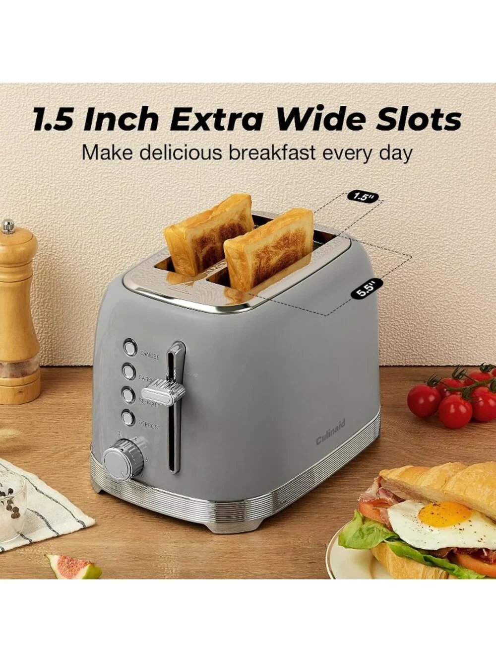 2 Slice Retro Gray Stainless Steel 1.5” Extra Wide Slots with Bagel Toaster